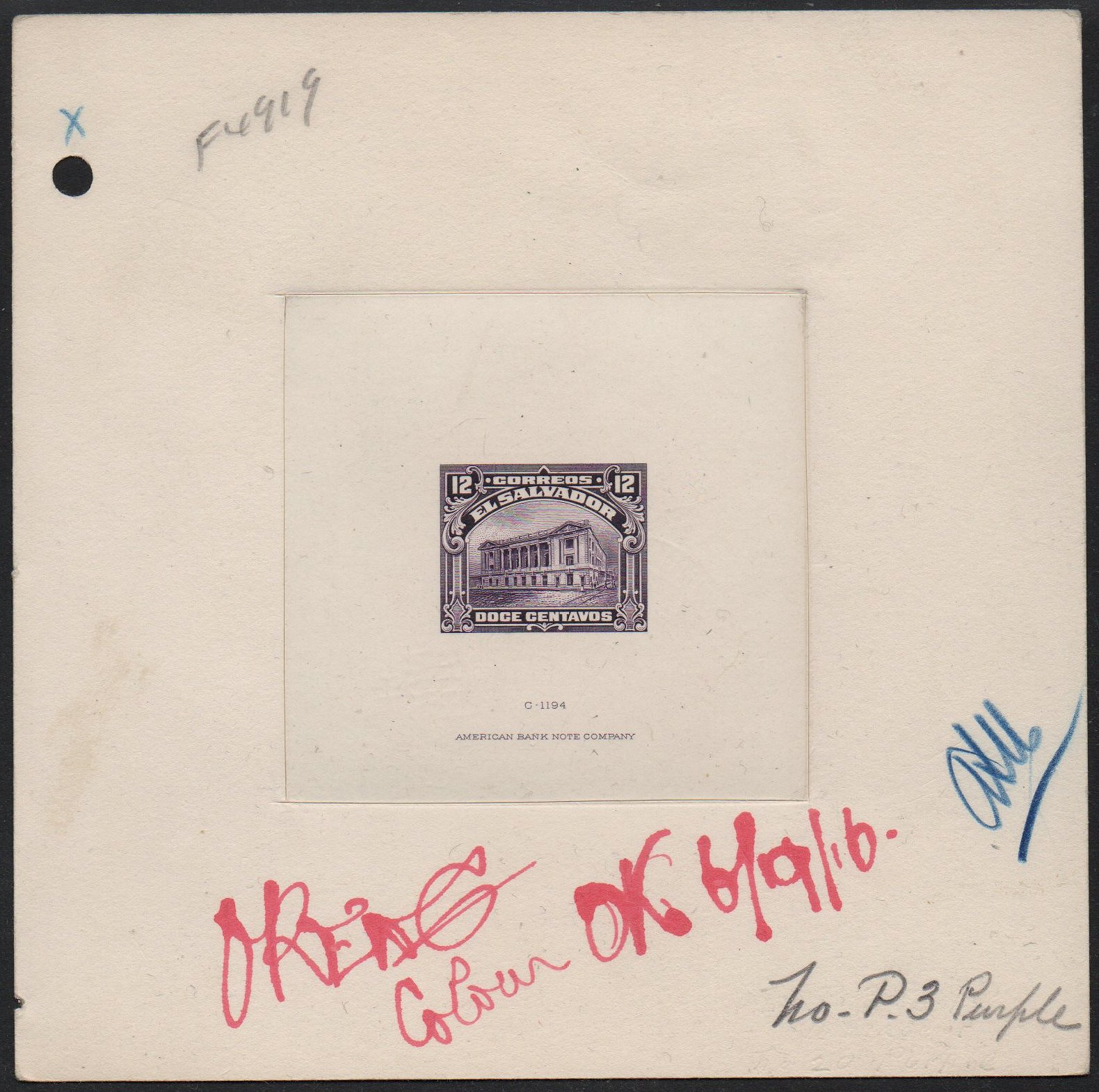 ABN Co. stamp archive working die proof of 12c violet - front - timbres-poste Briefmarken stamps El Salvador Tram Trolley Tranvia National Theatre teatro nacional 